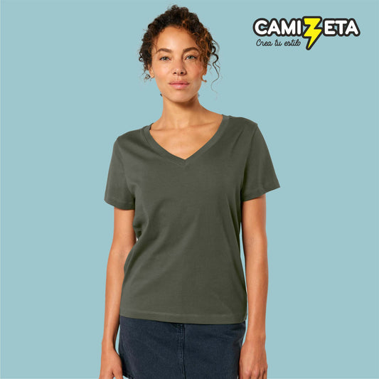 176 Camiseta mujer corte estándar cuello pico 155gms 100% algodón orgánico 🌿